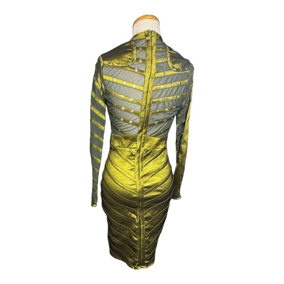 Studded Mesh Bandage Sexy Metallic Green Bodycon Mini Dress - Picture 4 of 10